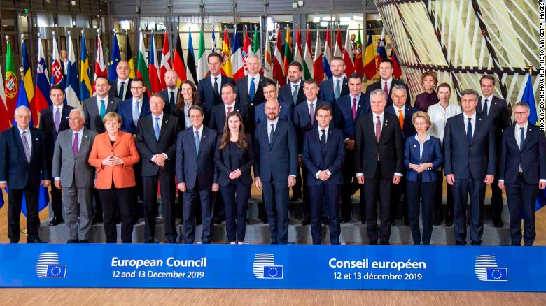 Family photo of the European Leaders. Bulgaria 's Prime Minister Boyko Borissov, Malta 's Prime Minister Joseph Muscat, Netherlands Prime Minister Mark Rutte, Latvia 's Prime Minister Krisjanis Karins, Luxembourg 's Prime Minister Xavier Bettel, Slovakia 's Prime Minister Peter Pellegrini, Estonia 's Prime Minister Juri Ratas, Chancellor of Austria Brigitte Bierlein, Italy Prime Minister Giuseppe Conte, Ireland 's Prime Minister Leo Varadkar, Poland 's Prime Minister Mateusz Morawiecki, Belgium 's Prime Minister Sophie Wilmes, Sweden 's Prime Minister Stefan Lofven, Slovenia 's Prime Minister Marjan Sarec, Czech Republic 's Prime Minister Andrej Babis, Spain 's Prime Minister Pedro Sanchez, Hungary 's Prime Minister Viktor Orban, Denmark 's Prime Minister Mette Frederiksen, Greece 's Prime Minister Kyriakos Mitsotakis, European Commission vice president in charge of Europe in the World Josep Borrell, Portugal Prime Minister Antonio Costa, Germany 's Chancellor Angela Merkel, Romania 's President Klaus Werner Iohannis, Cyprus ' President of the Republic Nicos Anastasiades, Finland 's Prime Minister Sanna Marin, President of the European Council Charles Michel, France 's President Emmanuel Macron, Lithuania 's President Gitanas Nauseda, President of the European Commission Ursula von der Leyen, Croatia 's Prime Minister Andrej Plenkovic, European Council Secretary-General Jeppe Tranholm-Mikkelsen pose for a family picture during a European Union Summit at the Forum Europa building during the European Council - Euro Summit - EU leaders meeting without the British leader in Brussels, Belgium on December 12, 2019 (Photo by Nicolas Economou/NurPhoto via Getty Images)