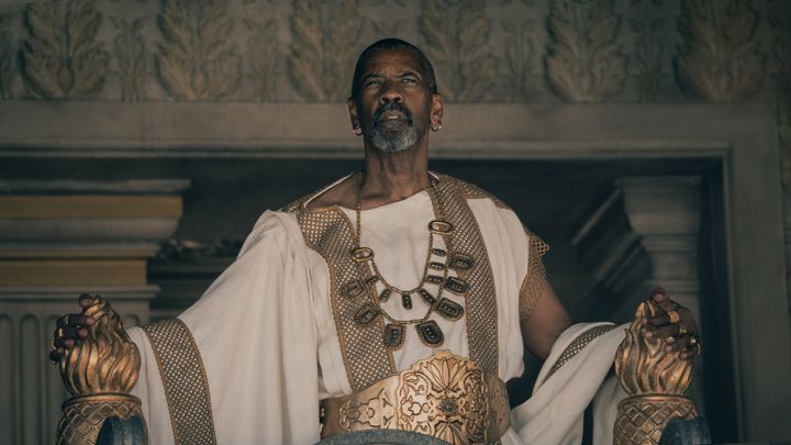 Denzel Washington portrays Macrinus, an arms dealer vying for power, in "Gladiator II."