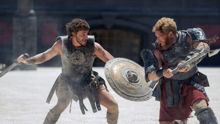 Paul Mescal plays Lucius and Christopher Edward Hallaways plays Glyceo in "Gladiator II."