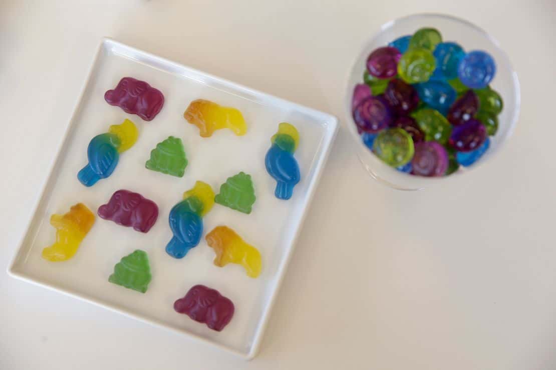 Gummy candies colored with plant-based dyes are displayed at the offices of GNT, a global brand of plant-based food colorants, in Tarrytown, New York, in 2015.